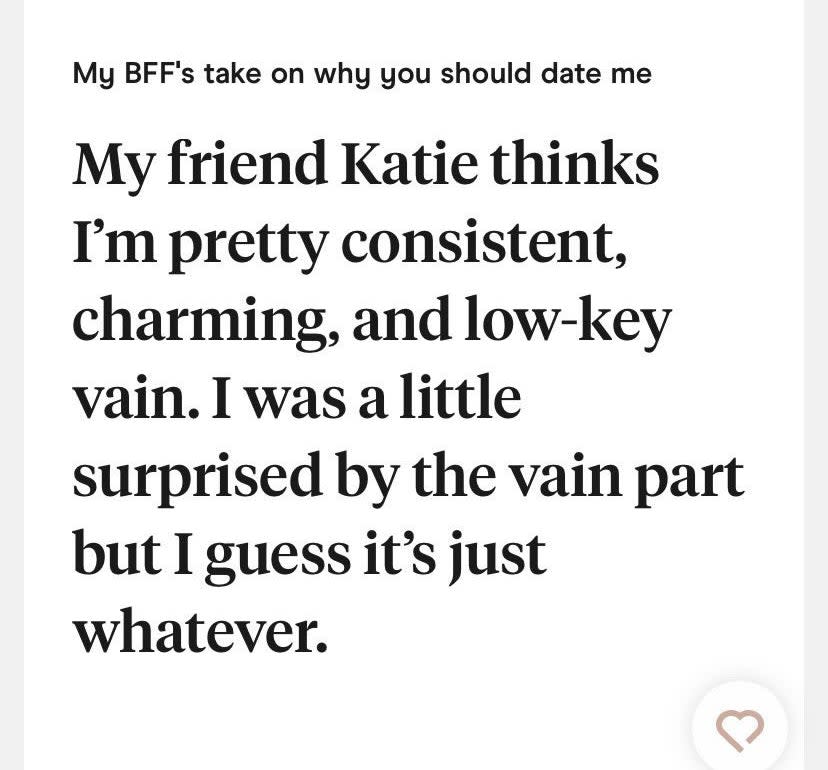 This section reads "My friend Katie thinks I'm pretty consistent, charming, and low-key vain. I was a little surprised by the vain part, but I guess it's just whatever"