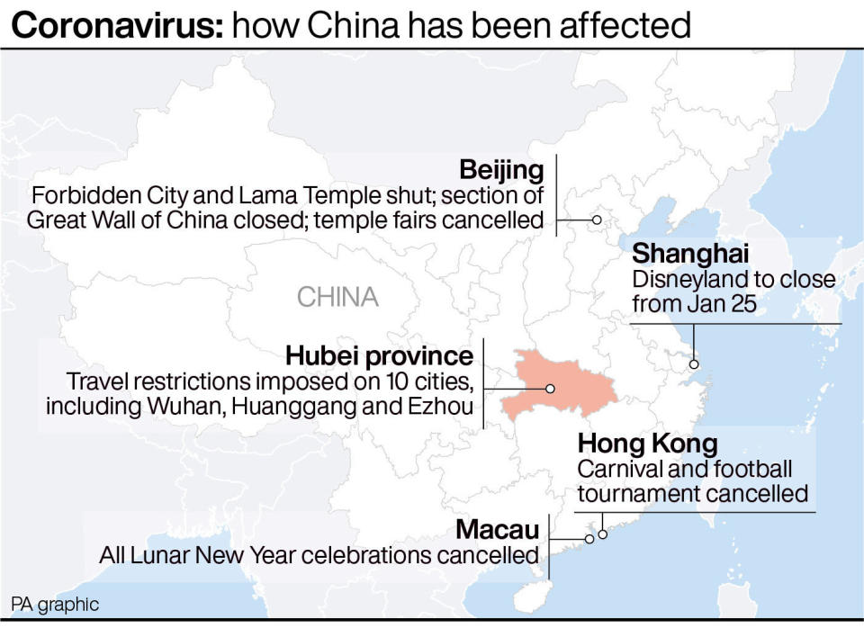 Coronavirus: how China has been affected. See story HEALTH Coronavirus. Infographic PA Graphics