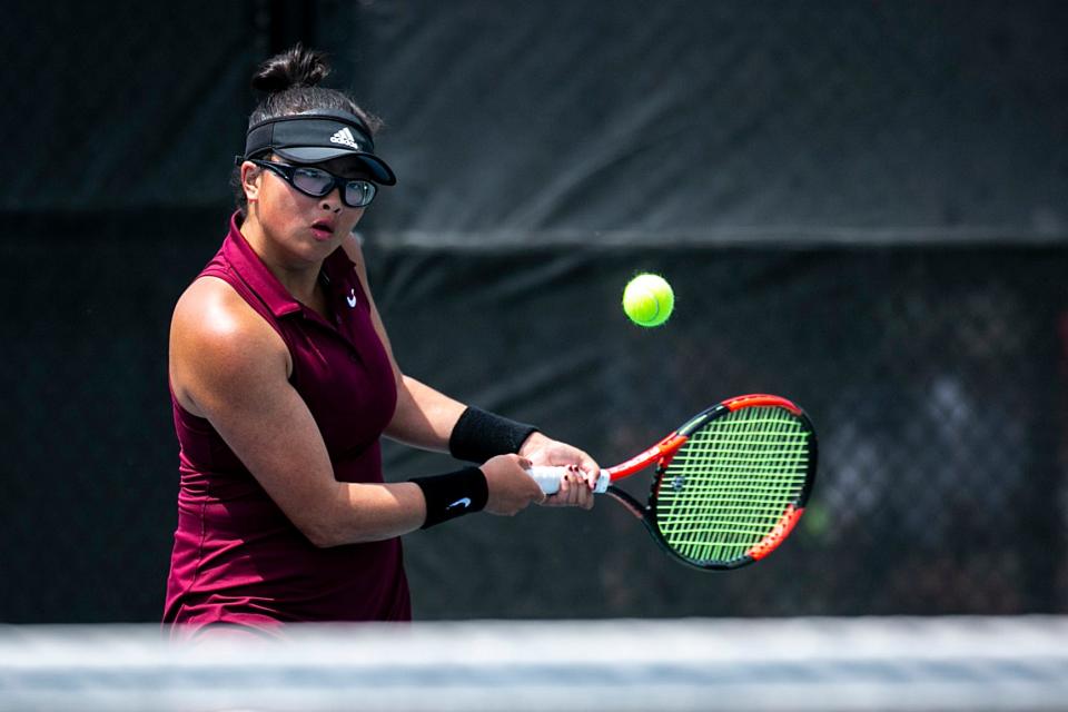 Shenandoah's Le Yuan Sun competes in the singles final during the Class 1A high school girls state tennis tournament on May 28 at the Hawkeye Tennis and Recreation Complex in Iowa City, Iowa.