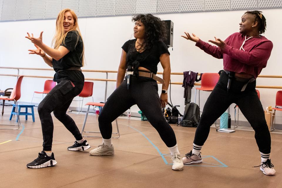 Mallory Maedke, left, Nicole Kyoung-Mi Lambert and Keirsten Nicole Hodgens in rehearsal for “Six.”