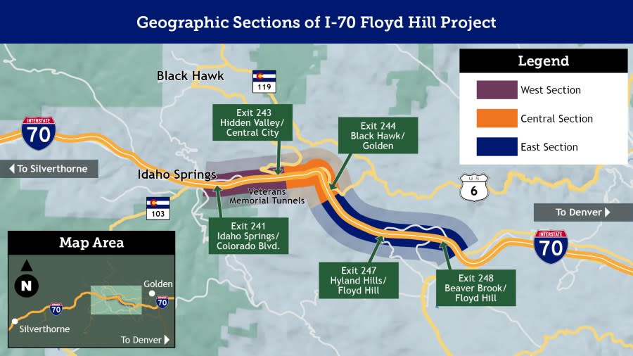 A map of the Interstate 70 Floyd Hill construction project