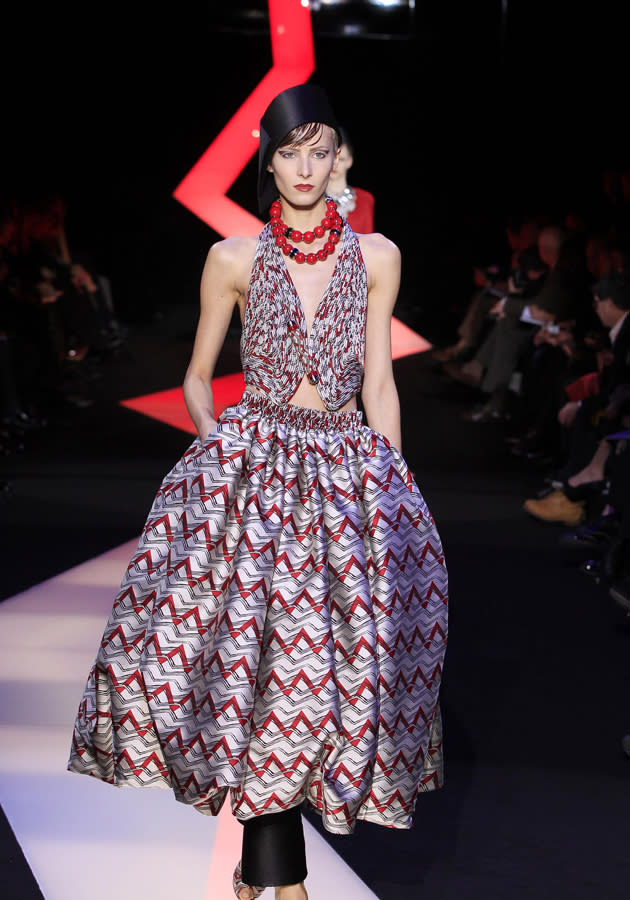 <b>Armani Prive SS13</b><br><br>This graphic-print dress showed off two key trends - balloon hemlines and cut-outs.<br><br>©Reuters