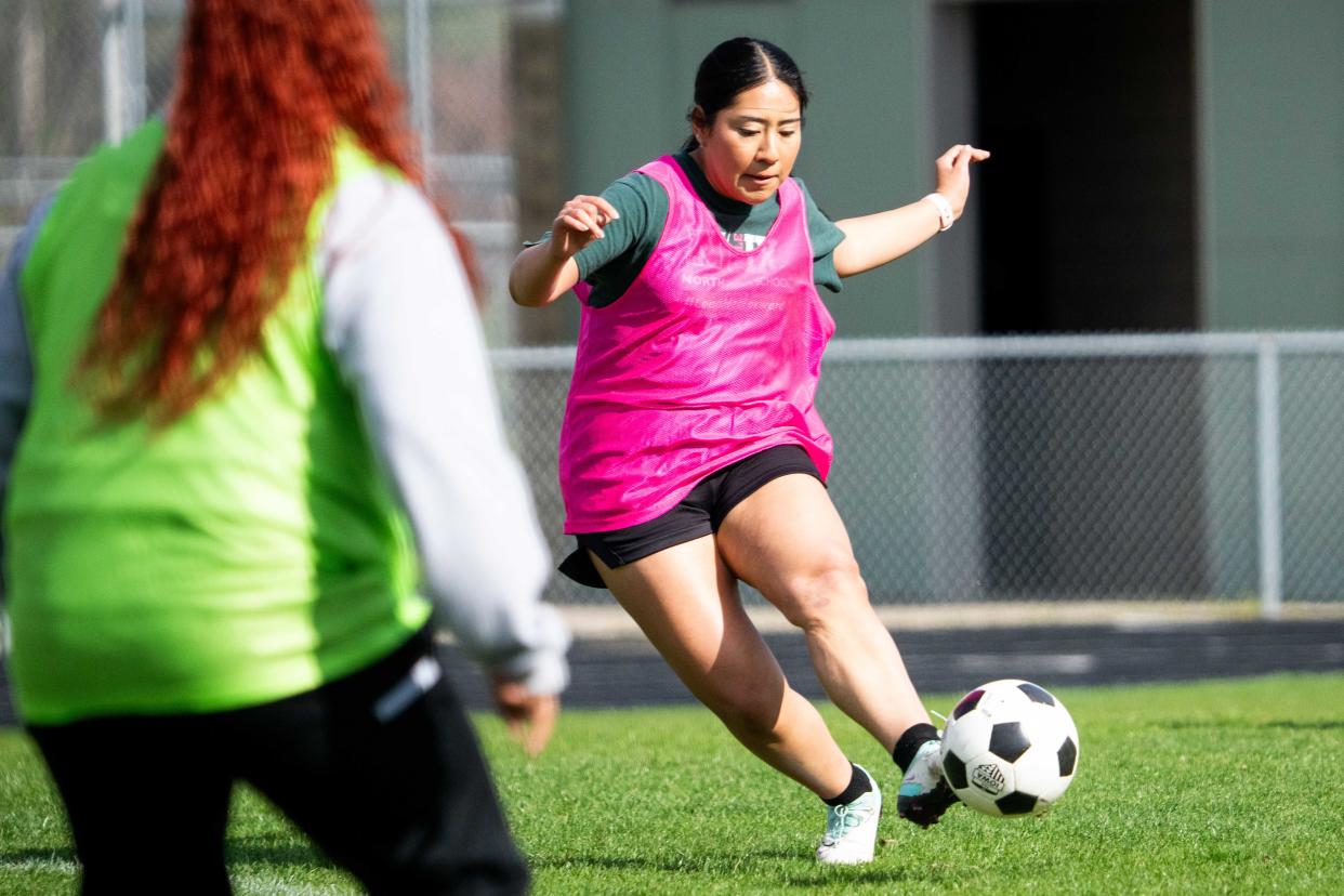 The North High girl's soccer team scrimmages with alumni during practice Thursday, April 18, 2024, at North High in Des Moines.