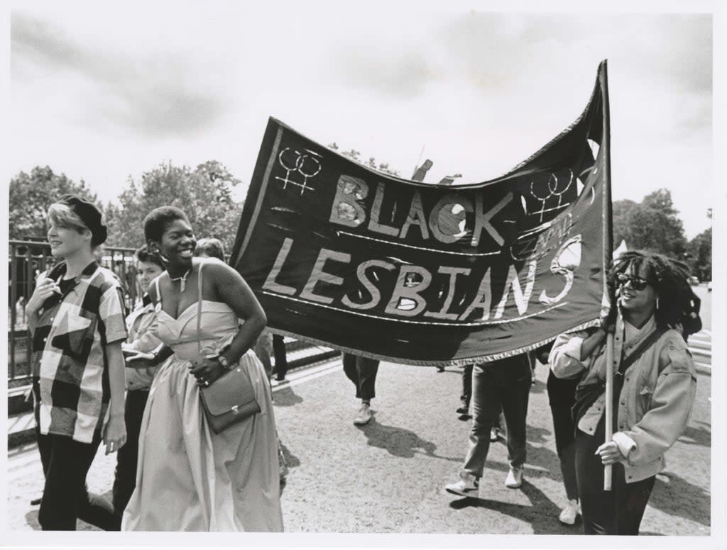 Femi Otitoju, right, at the Lesbian Strength March in London on 22 June 1985 (Pam Isherwood)