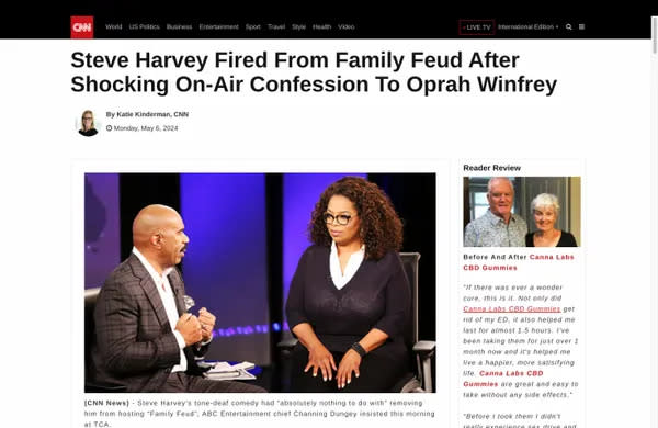A false Facebook ad leading to a scam claimed Steve Harvey was abruptly booted off Family Feud and was fired for making on-air remarks in an interview with Oprah Winfrey about a product purportedly made to treat erectile dysfunction called Canna Labs CBD Gummies