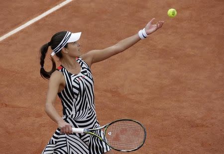 Tennis - French Open - Roland Garros - Kumuri Nara of Japan v Ana Ivanovic of Serbia - Paris, France - 26/05/16. Ivanovic serves. REUTERS/Jacky Naegelen