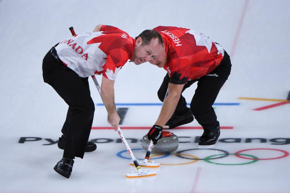 <p>Canada’s Brent Laing (L)and Ben Hebert brush in front of the stone during the curling men’s round robin session between Canada and Sweden during the Pyeongchang 2018 Winter Olympic Games at the Gangneung Curling Centre in Gangneung on February 17, 2018 </p>