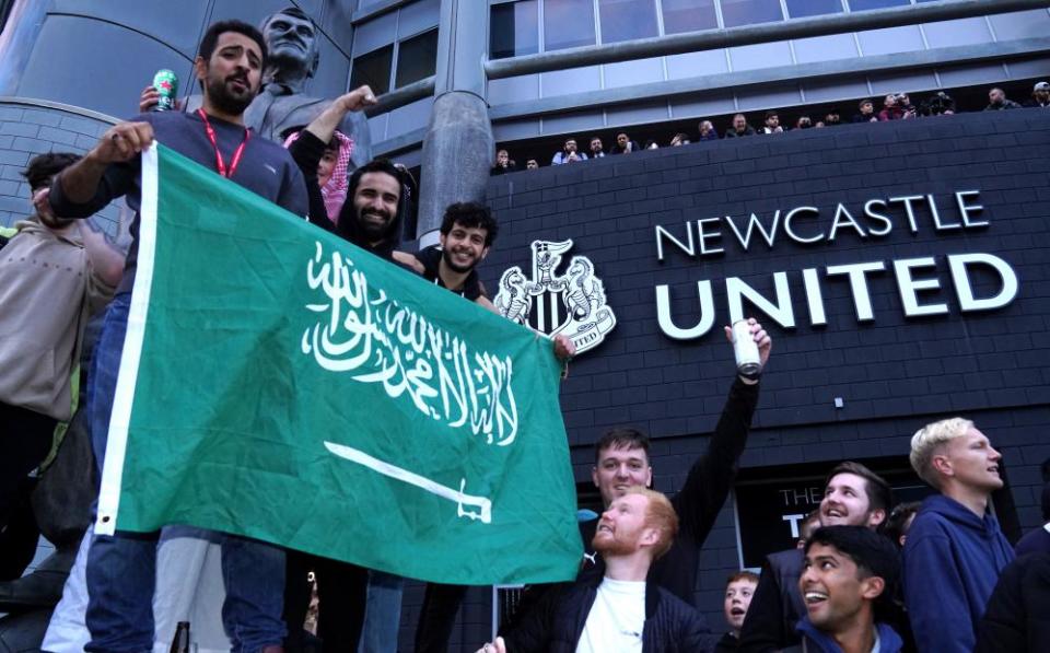 Newcastle United celebrate the Saudi-led takeover in 2021.