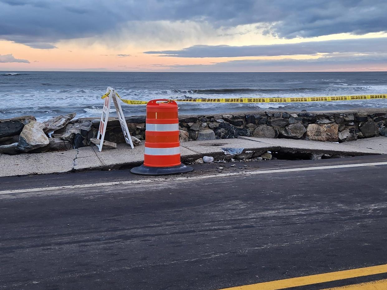 Ocean Boulevard in Rye, between Causeway and Central Road, is seen Monday, Jan. 15, 2024, damaged by storm and high tide flooding two days earlier.