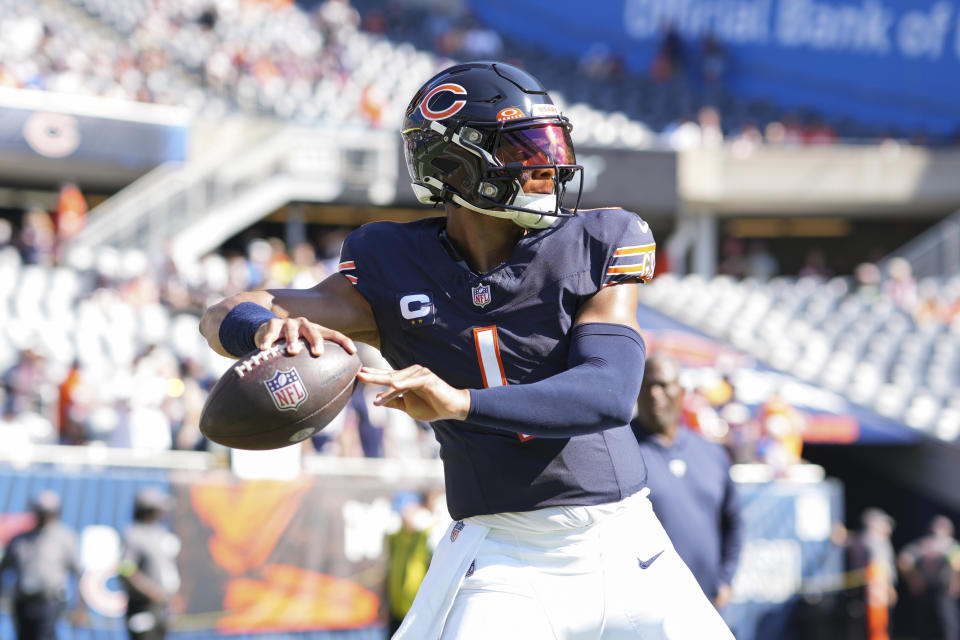 Justin Fields is coming off his finest game as a pro after throwing four touchdowns in Week 4. (Photo by Todd Rosenberg/Getty Images)