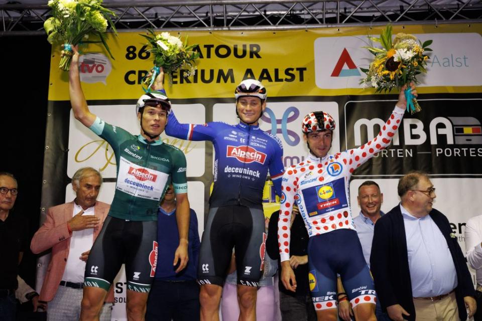 Belgian Jasper Philipsen of AlpecinDeceuninck Dutch Mathieu van der Poel of AlpecinDeceuninck and Italian Giulio Ciccone of LidlTrek celebrate on the podium of the Natourcriterium Aalst cycling event Monday 24 July 2023 in Aalst The traditional criteriums are local showcases for which mainly cyclists who rode the Tour de France are invited BELGA PHOTO KURT DESPLENTER Photo by KURT DESPLENTER  BELGA MAG  Belga via AFP Photo by KURT DESPLENTERBELGA MAGAFP via Getty Images