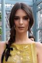 <p>Keep things simple and chic, Emily Ratajkowski accessorised her school girl plait with a black ribbon aka the hair adornment du jour.</p>