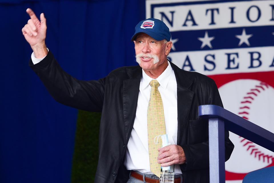 Goose Gossage enters the stage during the 2021 National Baseball Hall of Fame Induction Ceremony on Wednesday, Sept. 8 in Cooperstown.