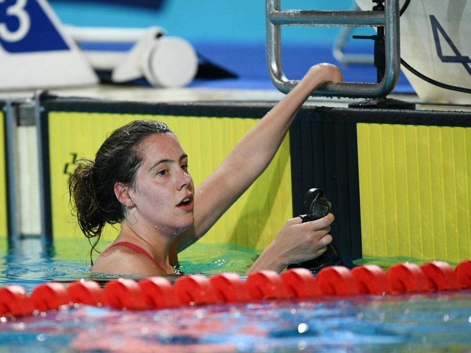 Canada's Aurelie Rivard reacts following her victory in the S10 women's 50m freestyle  during day one of the World Para Swimming Championships at Penteada Olympic Pools Complex on Sunday in Funchal, Madeira, Portugal. (Octavio Passos/Getty Images - image credit)