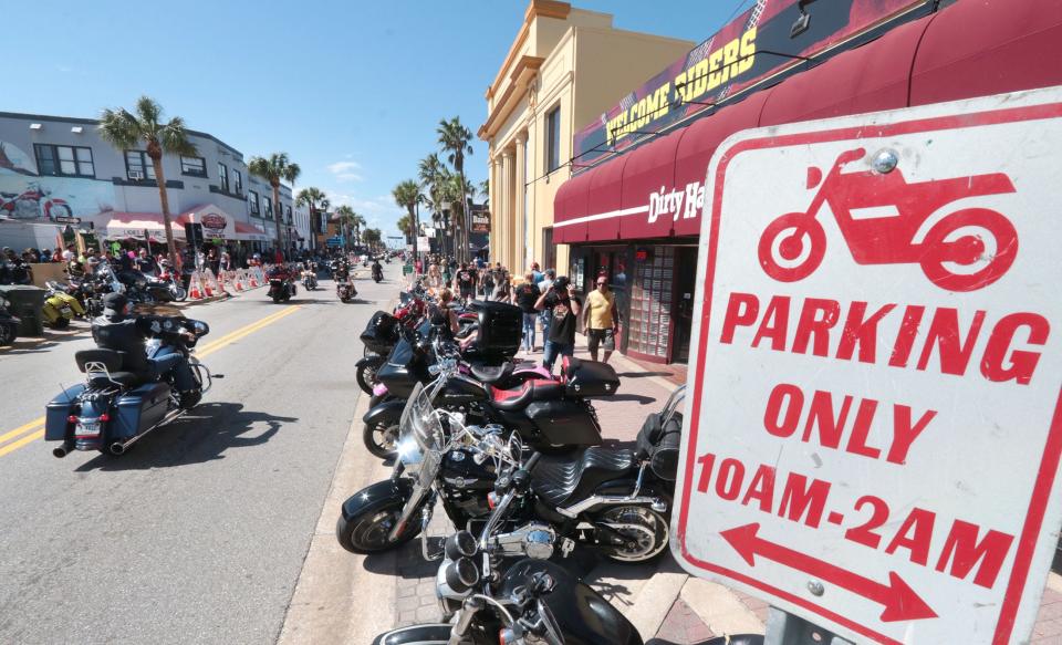 This is the scene along Main Street in front of the Dirty Harry's Pub in Daytona Beach during Biketoberfest on Oct. 15, 2022. The building where Dirty Harry's is located is one of several on Main Street that were sold in December 2022 to CTO Realty Growth LLC which plans to look for new operators to take over or possibly redevelop those properties in late summer 2023.