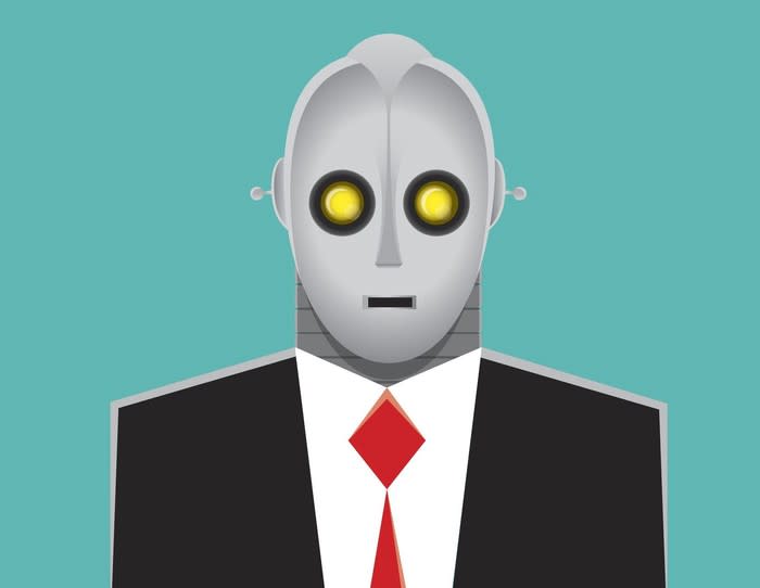 A cartoon robot in a business suit and tie