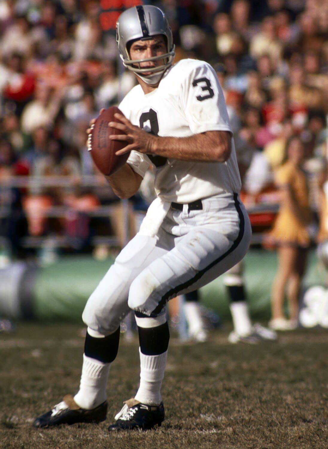 Oakland Raiders quarterback Daryle Lamonica sets up to pass in a 1972 20-14 win over the Green Bay Packers at Lambeau Field.