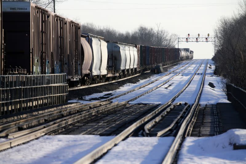 Canadian National Railway (CN Rail) freight train remains halted near a Tyendinaga Mohawk Territory camp