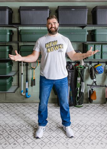 <p>Lexy Pierce Photo</p> Jason Kelce standing in his organized garage