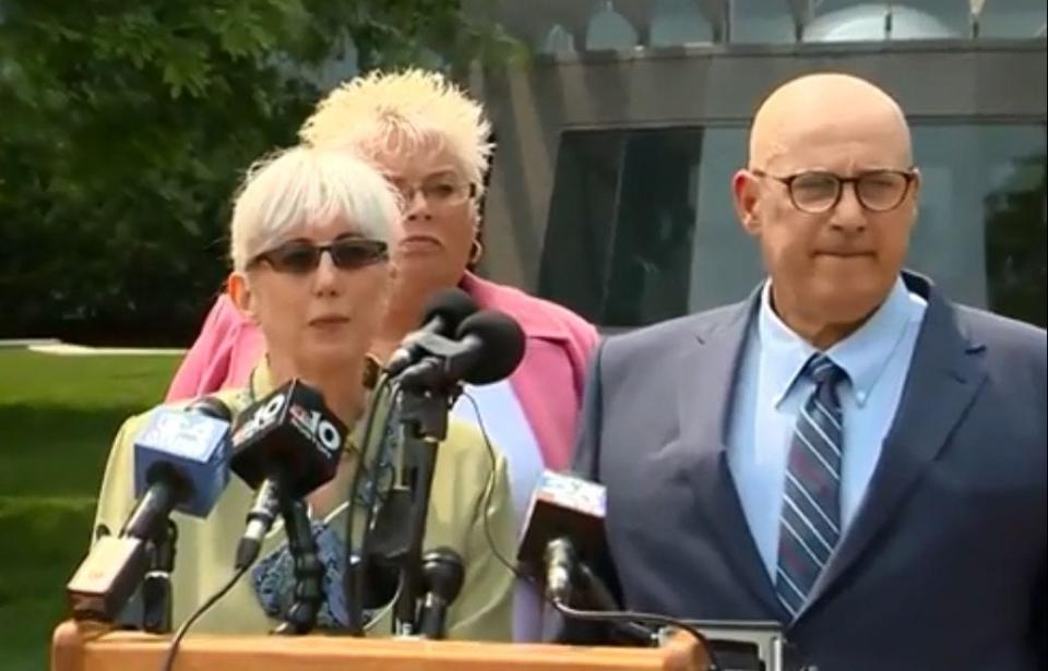 Ina and David Steiner, accompanied by their attorney Rosemary Scapicchio, background, accuse eBay of a terror campaign.