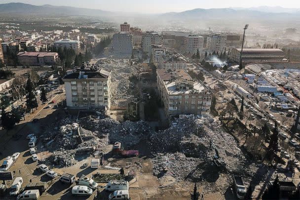 PHOTO: This aerial view shows collapsed buildings during the ongoing rescue operation in Kahramanmaras, the epicentre of the first 7.8-magnitude earthquake seven days ago, in southeastern Turkey, Feb. 13, 2023. (Ozan Kose/AFP via Getty Images)