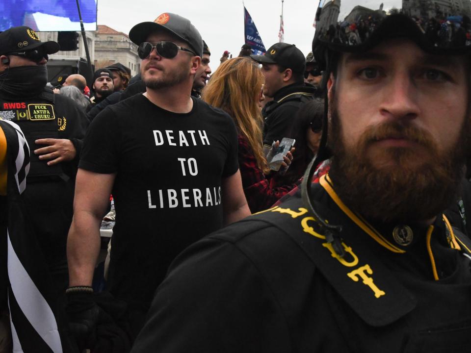 proud boy in shirt that says "death to liberals"