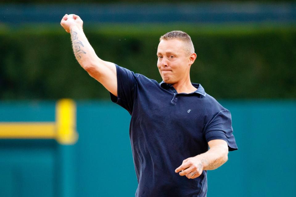 Jul 16, 2016; Detroit, MI, USA; Former Detroit Tiger Brandon Inge throws out the ceremonial first pitch prior to the game against the Kansas City Royals at Comerica Park.