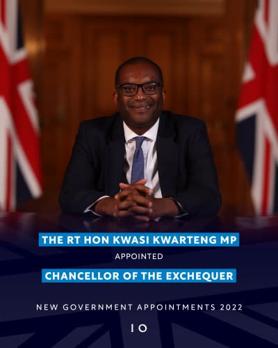 2022年9月7日，英國首相特拉斯（Liz Truss）任命非裔的商業大臣夸騰（Kwasi Kwarteng）為財政大臣。（翻攝自英國政府Twitter）