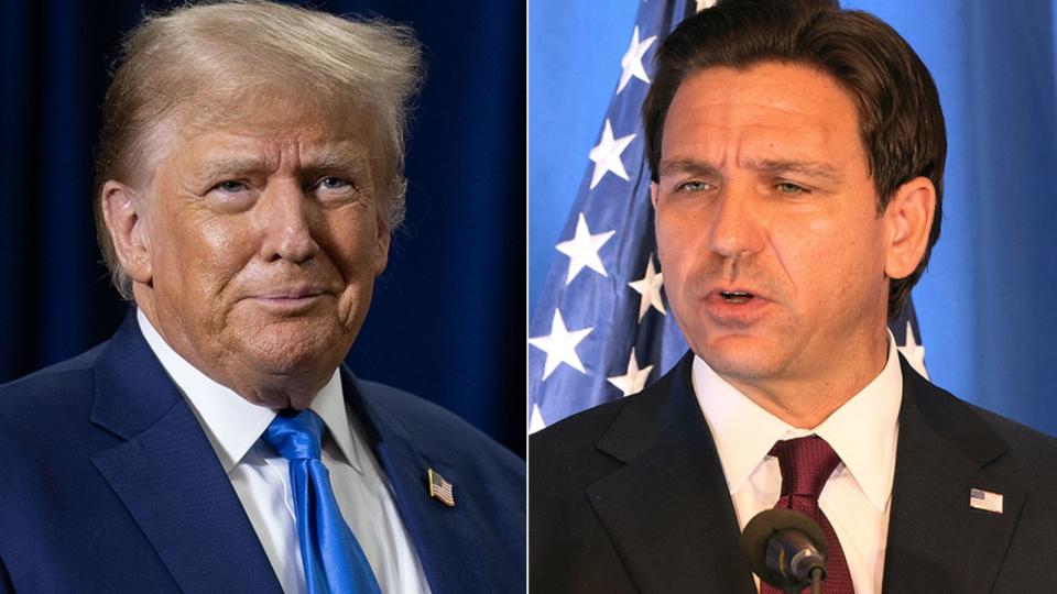 PHOTO: Republican presidential candidate former President Donald Trump during a campaign event in Derry, N.H. Republican presidential candidate Florida Gov. Ron DeSantis speaks during the 2023 First in the Nation Leadership Summit in Nashua, N.H. (Getty Images)