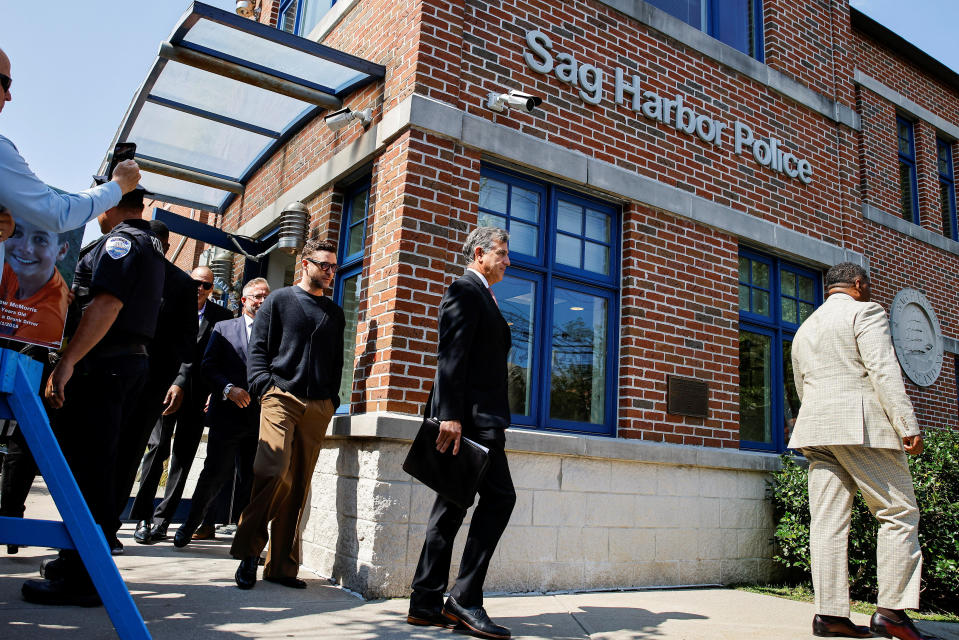 Singer Justin Timberlake exits the Sag Harbor police station.