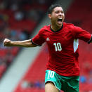 GLASGOW, SCOTLAND - JULY 26: Abdelaziz Barrada of Morocco celebrates after scoring his team 1st goal during the Men's Football first round Group D Match of the London 2012 Olympic Games between Honduras and Morocco , at Hampden Park on July 26, 2012 in Glasgow, Scotland. (Photo by Stanley Chou/Getty Images)