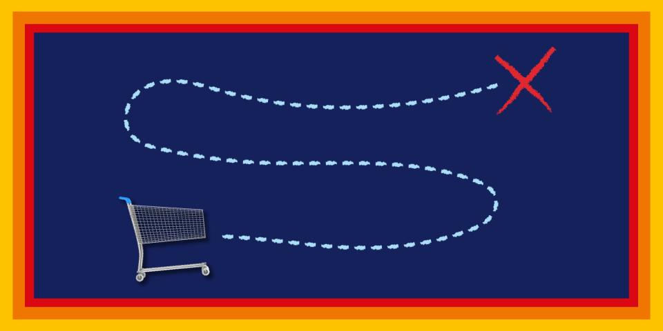 Shopping cart with a dashed line leading to an X on a navy blue background with a red, orange, and yellow border
