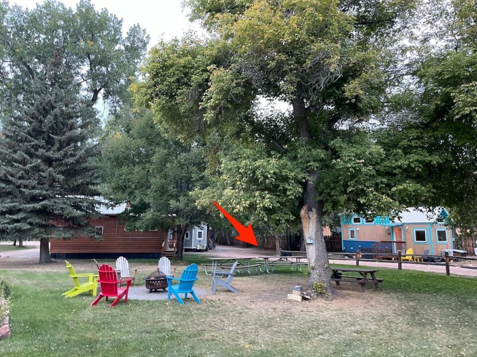 An arrow points to picnic tables on WeeCasa's property.