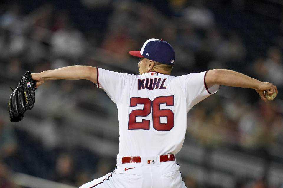 Washington Nationals starting pitcher Chad Kuhl throws during the third inning of a baseball game against the Tampa Bay Rays at Nationals Park, Tuesday, April 4, 2023, in Washington. (AP Photo/Alex Brandon)