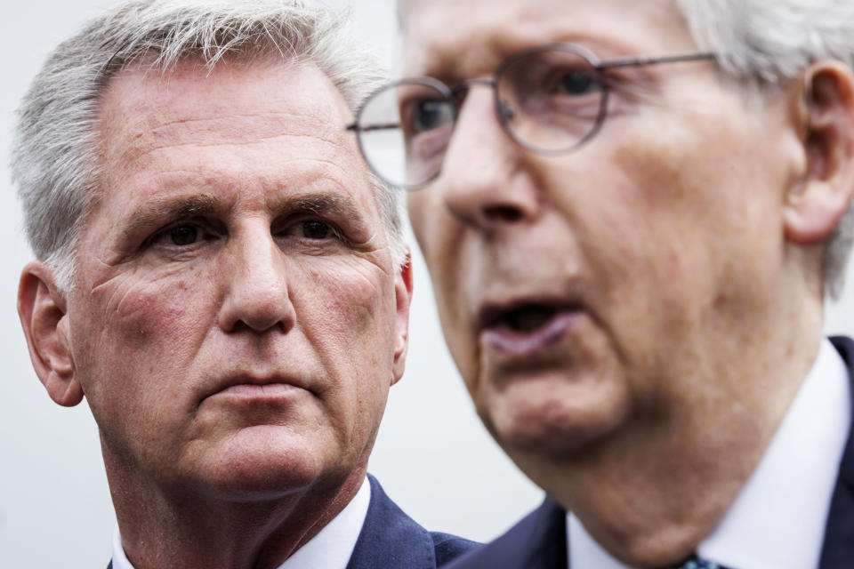 House Speaker Kevin McCarthy, R-Calif., and Senate Minority Leader Mitch McConnell, R-Ky., at the White House on May 16, 2023. (Ting Shen / Bloomberg via Getty Images file)