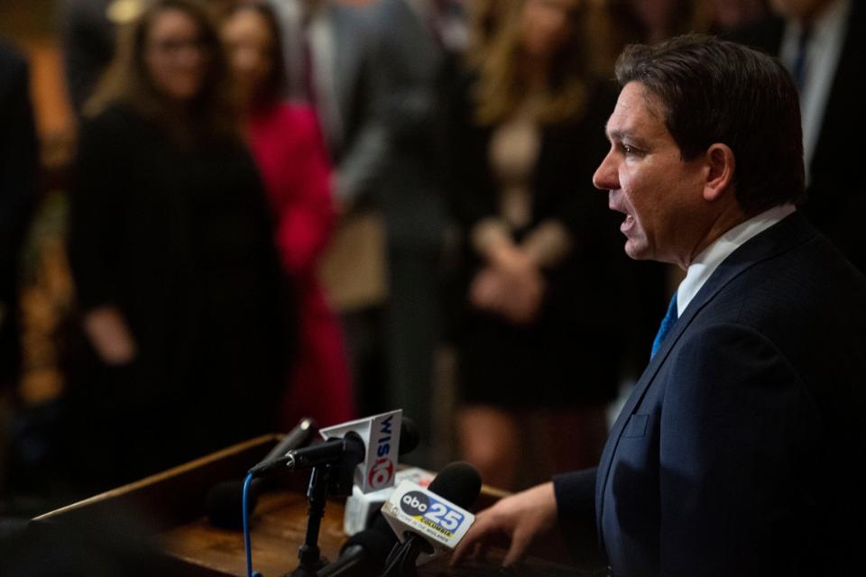 Florida governor and presidential candidate Ron DeSantis speaks at the South Carolina capitol in Columbia, SC, following the Iowa caucus where he finished second behind former president Donald Trump.