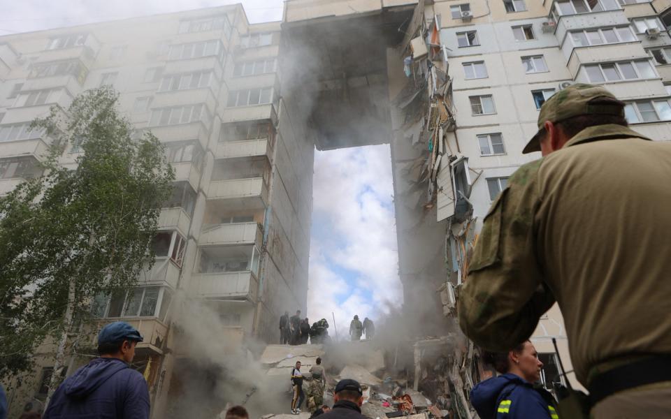 The gaping hole in the flats hit by a missile in Belgorod
