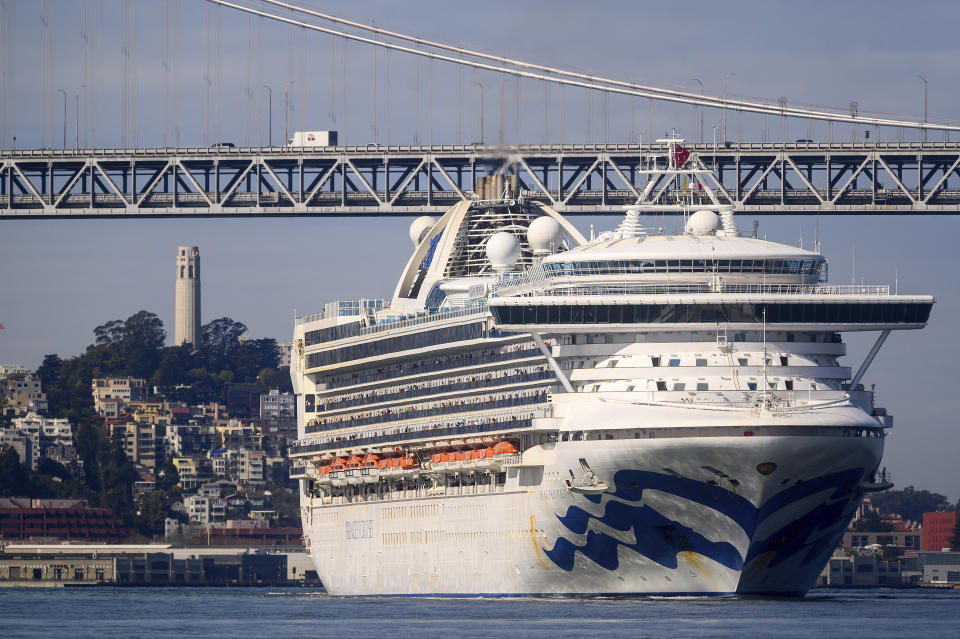The Grand Princess arrives in San Francisco on Monday, March 9, 2020. The cruise ship, which had maintained a holding pattern off the coast for days, is carrying multiple people who tested positive for COVID-19. (AP Photo/Noah Berger)