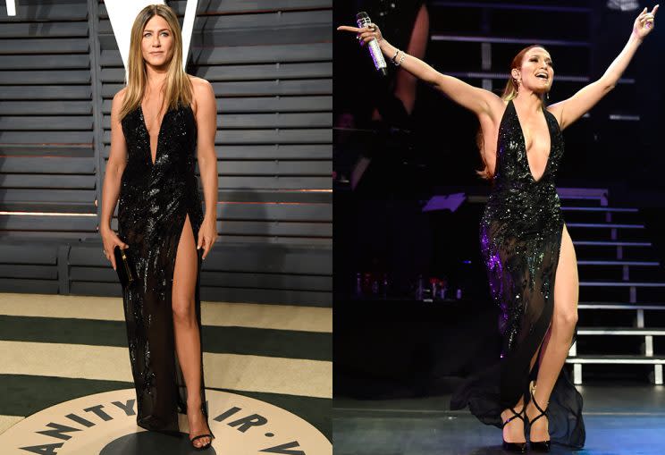 Jennifer Aniston and Jennifer Lopez styled the same dress differently. (Photo: Getty Images/WIREIMAGE)