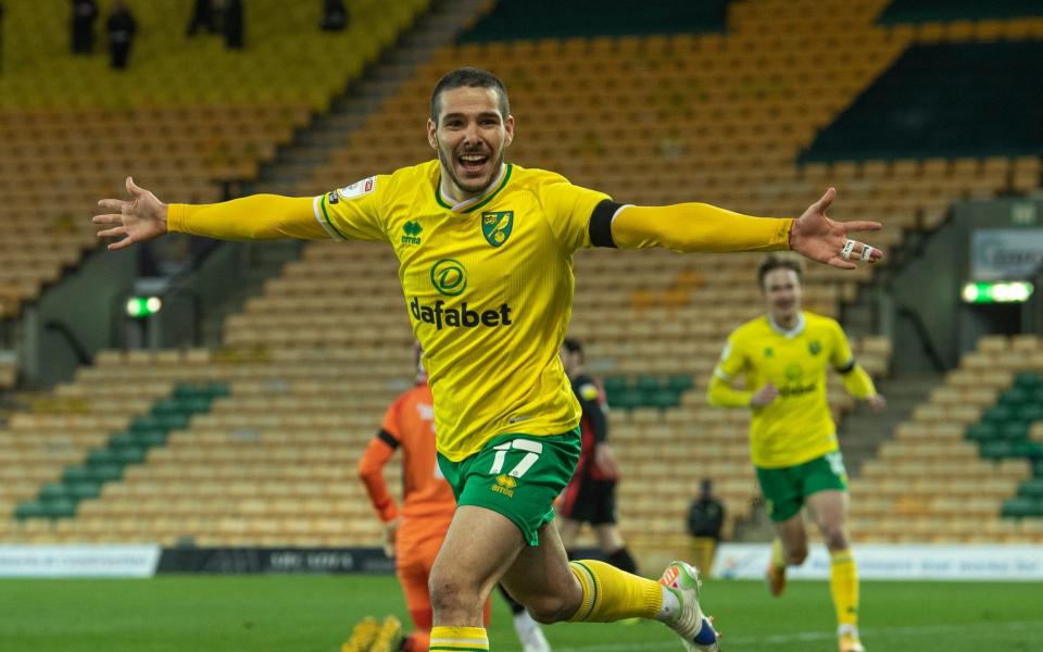 Norwich City's Emiliano Buendia celebrates scoring the opening goal during the Sky Bet Championship match between Norwich City and AFC Bournemouth at Carrow Road on April 17, 2021 in Norwich, England.  - GETTY IMAGES