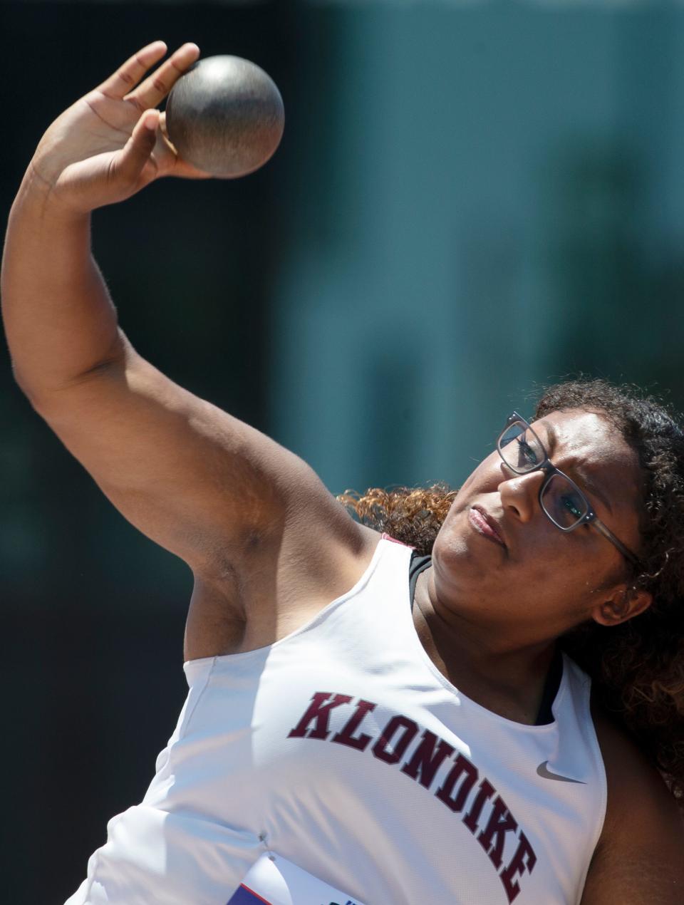 Lamesa Klondike's Neihmaya Howard competes in the Class 1A shot put during the UIL State Track and Field meet, Saturday, May 14, 2022, at Mike A. Myers Stadium in Austin.