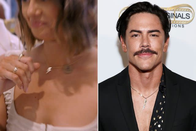 Bravo; Phillip Faraone/Getty for House of Barrie Raquel Leviss Buys Lightning Bolt Necklace Similar to Tom Sandoval's in Vanderpump Rules . https://www.bravotv.com/vanderpump-rules/season-10/videos/raquel-leviss-turned-a-new-leaf-in-her-relationship-with-james. Credit: Bravo; LOS ANGELES, CALIFORNIA - OCTOBER 04: Tom Sandoval attends the grand opening of The House of Barrie at House of Barrie on October 04, 2022 in Los Angeles, California. (Photo by Phillip Faraone/Getty Images for House of Barrie)