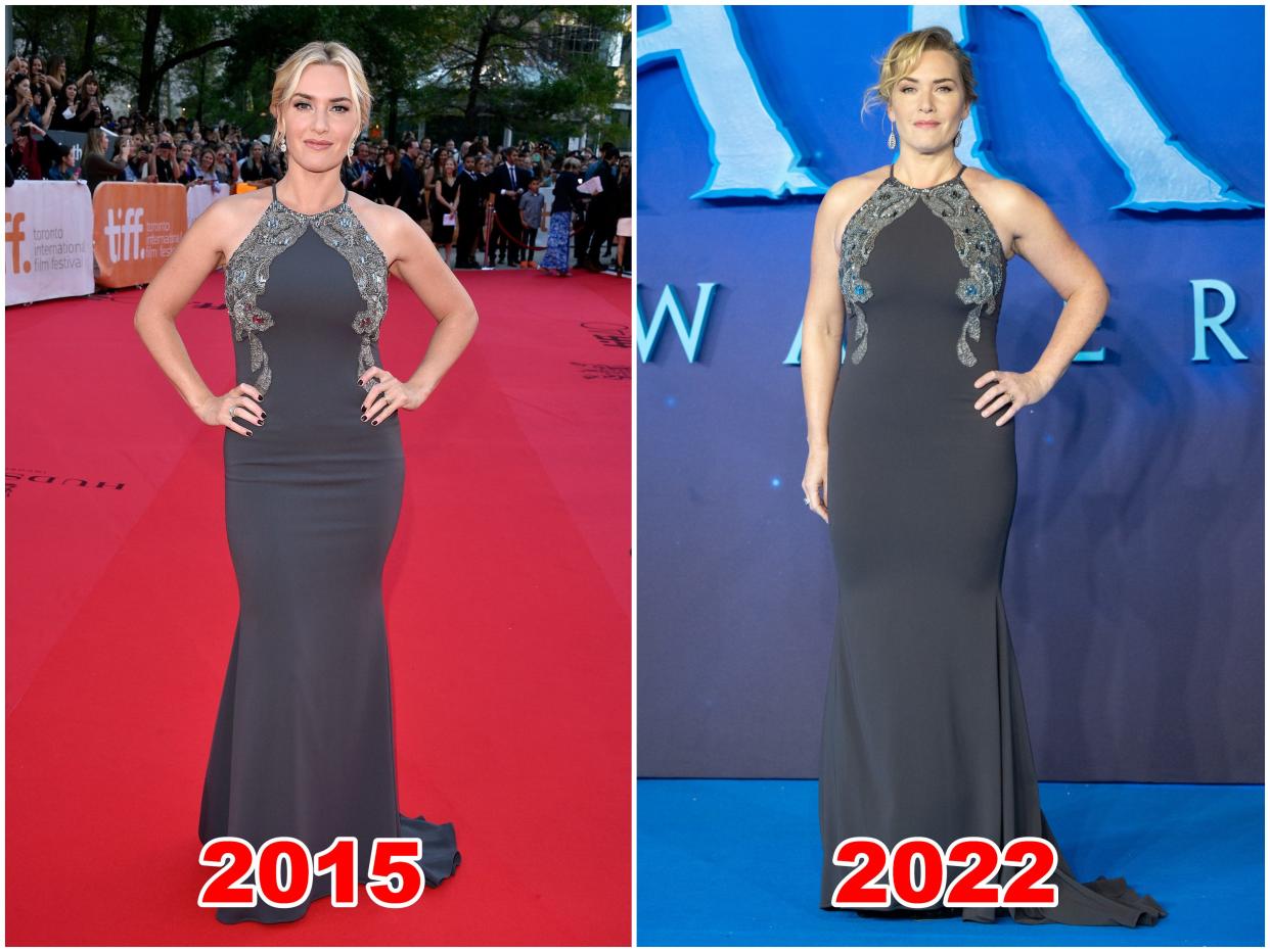 Kate Winslet wore the same gray, embellished gown to the 2015 Toronto Film Festival and the 2022 "Avatar: The Way of Water" premiere