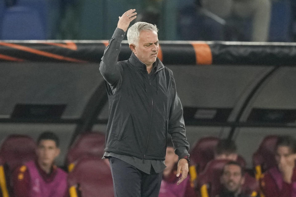 FILE - Roma's head coach Jose Mourinho reacts during an Europa League group C soccer match between Roma and Ludogorets, at Rome's Olympic Stadium, Thursday, Nov. 3, 2022. Roma has announced on Tuesday, Jan. 16, 2024 that José Mourinho is leaving the club “with immediate effect.” (AP Photo/Andrew Medichini, File)