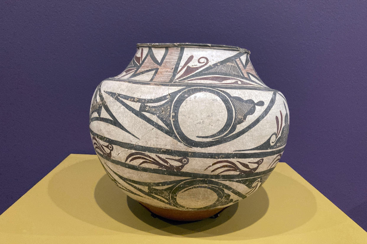 A jar made in 1865 in the Zuni Pueblo is displayed at the Shelburne Museum in Shelburne, Vt., Friday, June 21, 2023. (AP Photo/Lisa Rathke)