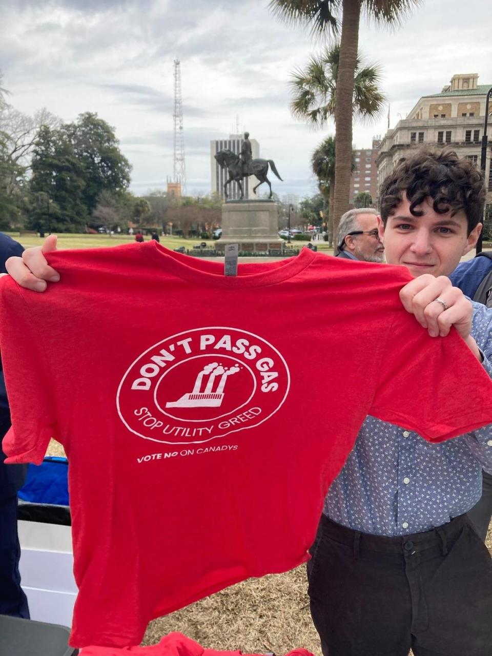 Environmentalists handed out t-shirts Tuesday (Feb. 27, 2024) to protest plans for a large new natural gas plant in South Carolina. Opponents say the plant could soak ratepayers with costs and hurt the environment. Utilities say the plant will provide reliable power for future growth.