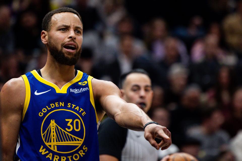 Golden State Warriors guard Stephen Curry (30) reacts to a call during the NBA basketball game between the Utah Jazz and the Golden State Warriors at the Delta Center in Salt Lake City on Thursday, Feb. 15, 2024. | Megan Nielsen, Deseret News