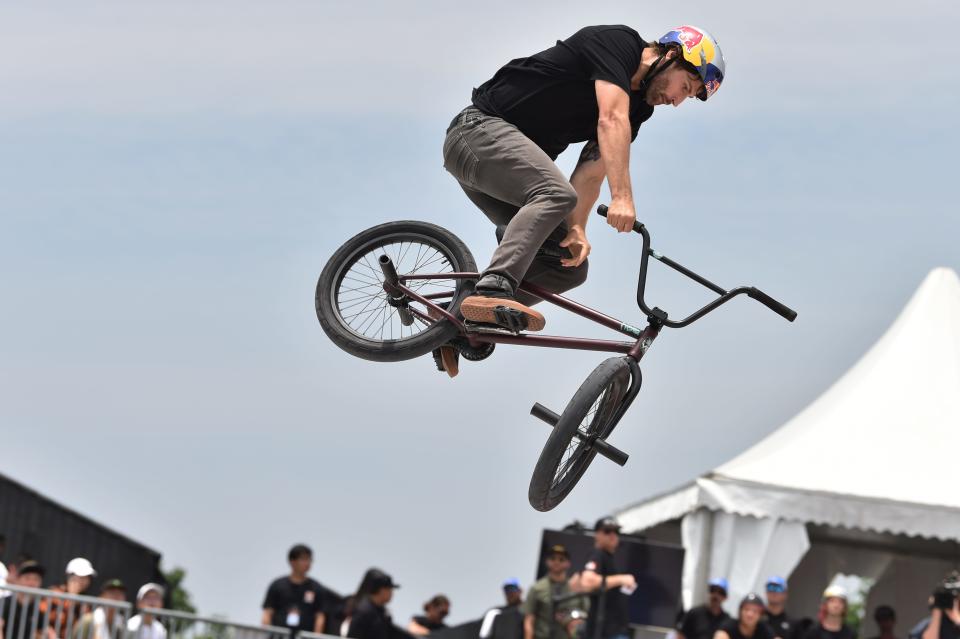 Garrett Reynolds competes in the BMX Street final during the X Games Shanghai 2019 in Shanghai on June 2, 2019.