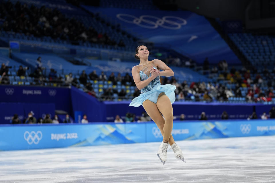 Alysa Liu, of the United States, competes in the women's free skate program during the figure skating competition at the 2022 Winter Olympics, Thursday, Feb. 17, 2022, in Beijing. (AP Photo/Bernat Armangue)