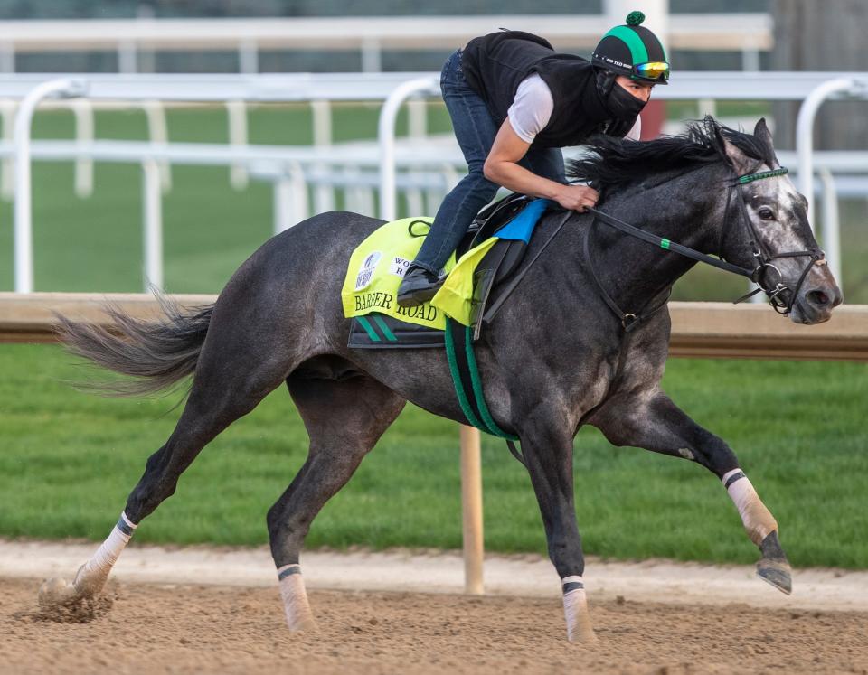 Kentucky Derby hopeful Barber Road puts in a final workout at Churchill Downs one week before the race. Barber Road is rained by John Ortiz. April 30, 2022